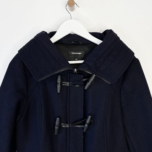 Mackage Zandra Navy Blue Wool & Cashmere Hooded Duffel Coat - Picture 3 of 9